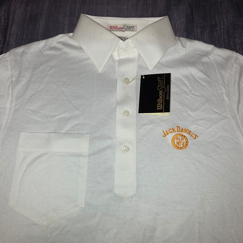 Vintage Wilson Staff Jack Daniels Polo Shirt Mens Small White Lisle Cotton